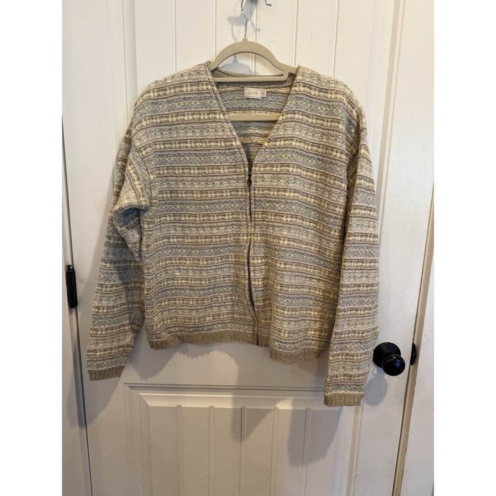 Vintage 90s ALPS Women XL Fair Isle Zip Cardigan Sweater Cotton Cottagecore